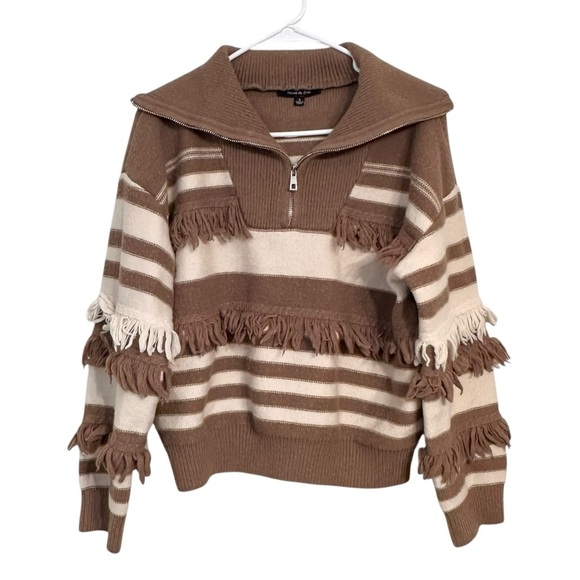 Strut & Bolt Brown and White Cream Striped 1/4 Zip Sweater with Fringe S - Picture 2 of 12